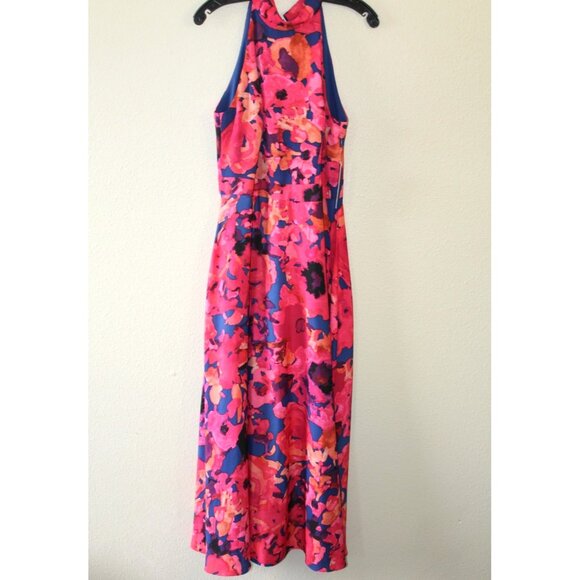 Tahari Womens Pink Floral Sleeveless Halter Tie Neck Midi Dress 8 NWT - Picture 1 of 5